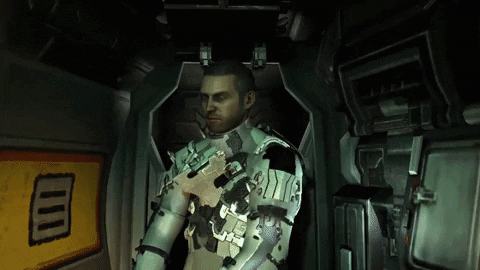 A Man In A Space Suit Is Holding A Gun In A Room With A Yellow Sign That Says Ii GIF