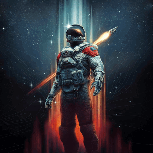 A Man In A Space Suit Is Holding A Rocket GIF