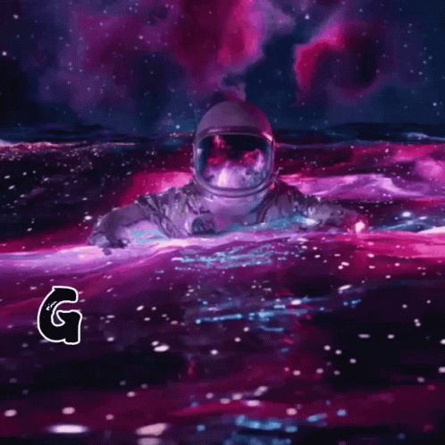 A Man In A Space Suit Is Swimming In A Galaxy With The Word Galax On The Bottom . GIF