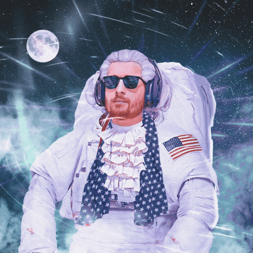 A Man In A Space Suit Is Wearing A Wig And Sunglasses GIF