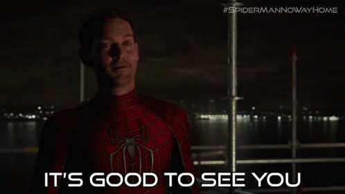 A Man In A Spider Man Suit Is Standing In Front Of A Body Of Water And Says It 'S Good To See You GIF