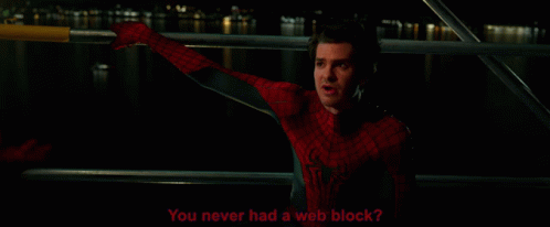 A Man In A Spiderman Costume Is Asking If He Has A Web Block GIF