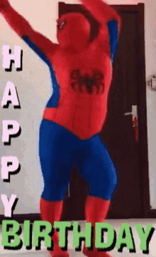 A Man In A Spiderman Costume Is Dancing In Front Of A Door With The Words Happy Birthday Behind Him . GIF