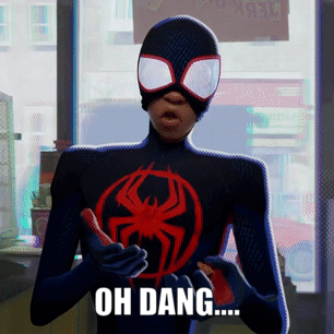 A Man In A Spiderman Costume Is Holding A Red Phone With The Words Oh Dang Written On It GIF
