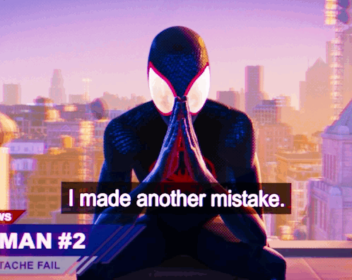 A Man In A Spiderman Costume Is Kneeling Down With His Hands Folded And Says I Made Another Mistake GIF