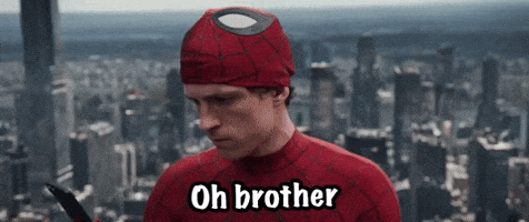 A Man In A Spiderman Costume Is Saying Oh Brother In Front Of A City . GIF