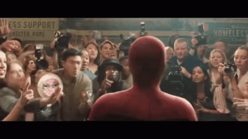A Man In A Spiderman Costume Is Standing In Front Of A Crowd GIF