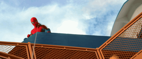 A Man In A Spiderman Costume Is Standing On Top Of A Fence GIF