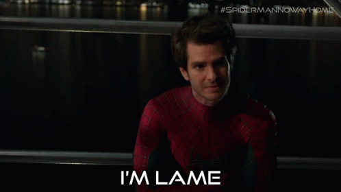 A Man In A Spiderman Costume Says " I 'M Lame " In Front Of A Body Of Water GIF