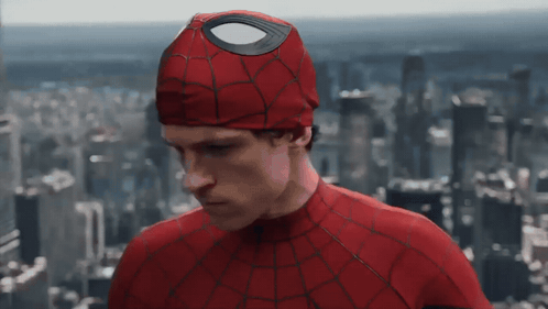 A Man In A Spiderman Costume Stands In Front Of A Cityscape GIF