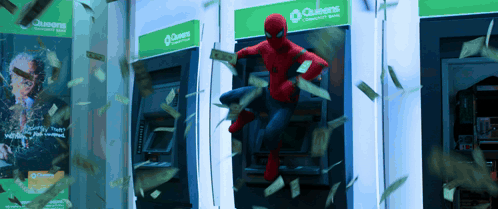 A Man In A Spiderman Costume Stands In Front Of An Atm Machine GIF