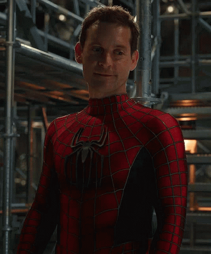 A Man In A Spiderman Costume Stands In Front Of Scaffolding GIF