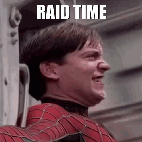 A Man In A Spiderman Suit Is Standing Next To A Wall With The Words `` Raid Time '' Written On The Bottom . GIF