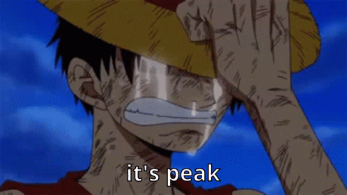 A Man In A Straw Hat Is Crying With The Words " It 'S Peak " Below Him GIF