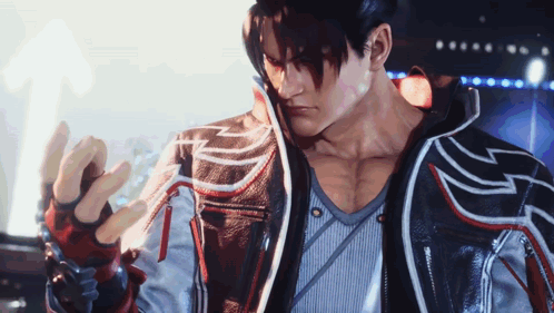 A Man In A Striped Shirt And A Leather Jacket Holds A Sword GIF