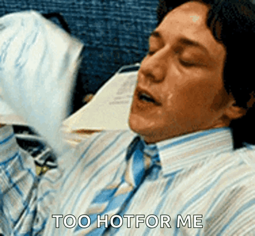 A Man In A Striped Shirt And Tie Is Saying Too Hotfor Me GIF