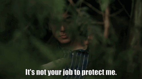 A Man In A Striped Shirt Is Behind A Tree And Says It 'S Not Your Job To Protect Me . GIF