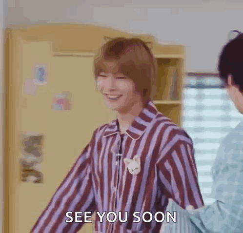 A Man In A Striped Shirt Is Standing Next To Another Man In A Room And Says `` See You Soon '' . GIF