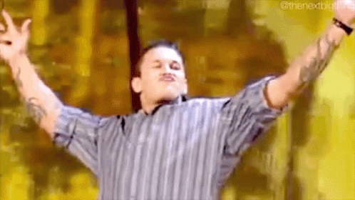 A Man In A Striped Shirt Is Standing With His Arms Outstretched On A Stage . GIF
