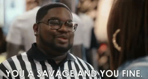 a man in a striped shirt is talking to a woman and saying `` you a savage and you fine '' .