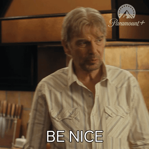 A Man In A Striped Shirt Says " Be Nice " GIF