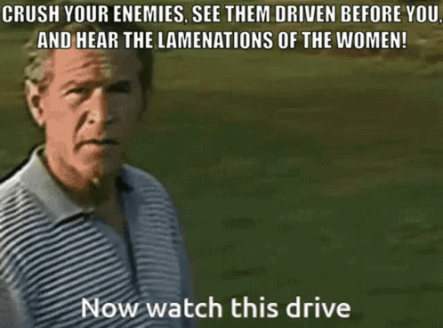 A Man In A Striped Shirt Says " Crush Your Enemies See Them Driven Before You And Hear The Lamentations Of The Women ! " GIF