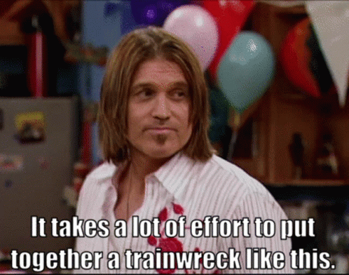 A Man In A Striped Shirt Says " It Takes A Lot Of Effort To Put Together A Trainwreck Like This " GIF