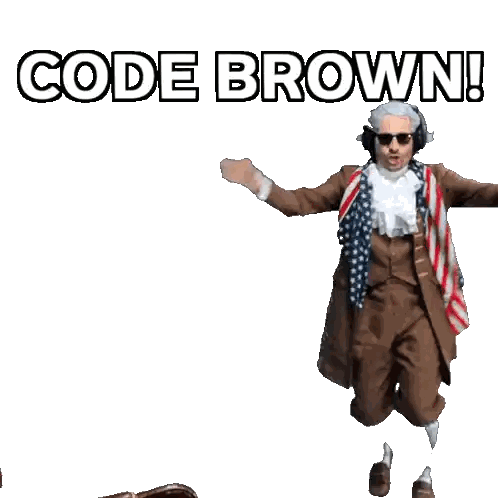 a man in a suit and a scarf is dancing with the words code brown behind him