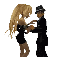 a man in a suit and a woman in a dress are dancing