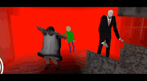 A Man In A Suit And A Woman In A Dress Are Dancing In A Room . GIF