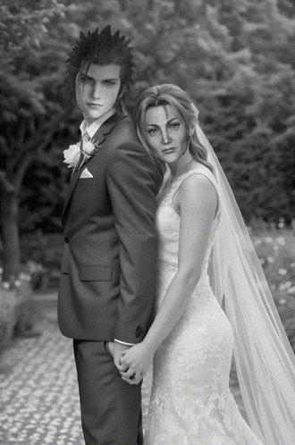 A Man In A Suit And A Woman In A Wedding Dress Are Posing For A Picture GIF