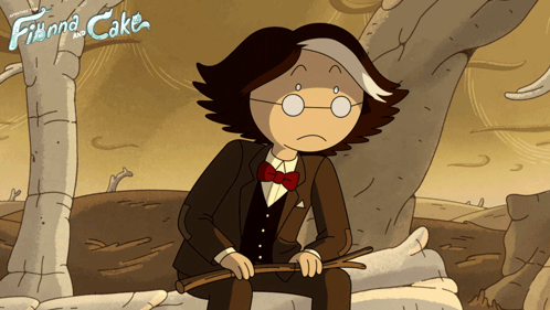 A Man In A Suit And Bow Tie Is Sitting On A Rock With Finna And Cake Written On The Bottom GIF