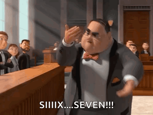 a man in a suit and bow tie is standing in a courtroom and saying " siiiix seven " .