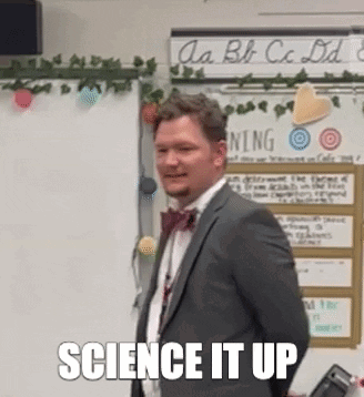 A Man In A Suit And Bow Tie Is Standing In Front Of A Whiteboard And Says `` Science It Up '' . GIF