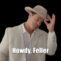 A Man In A Suit And Cowboy Hat With The Words Howdy Feller On The Bottom GIF