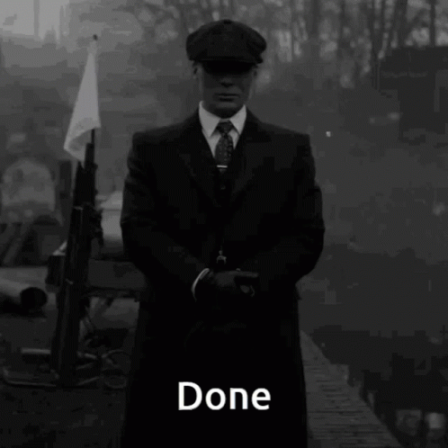 a man in a suit and hat is standing in a black and white photo with the word done on the bottom .
