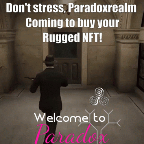 A Man In A Suit And Hat Is Standing In Front Of A Door With The Words Welcome To Paradox GIF