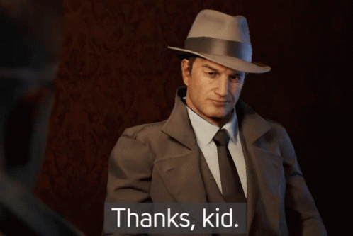 A Man In A Suit And Hat Says " Thanks, Kid " GIF