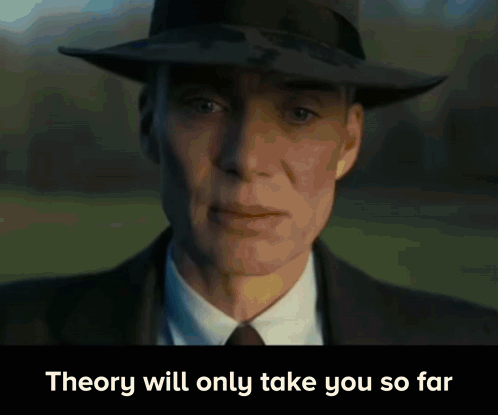 A Man In A Suit And Hat With The Words Theory Will Only Take You So Far Below Him GIF