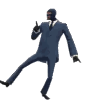 a man in a suit and mask is dancing and pointing at something