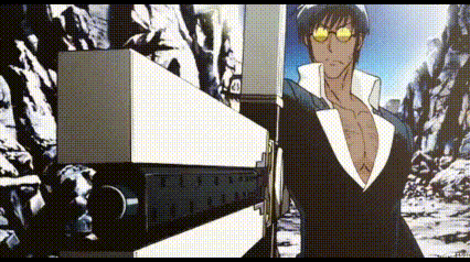 A Man In A Suit And Sunglasses Is Standing In Front Of A Mountain Holding A Gun . GIF