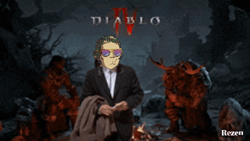 A Man In A Suit And Sunglasses Is Standing In Front Of A Poster For Diablo Iv GIF