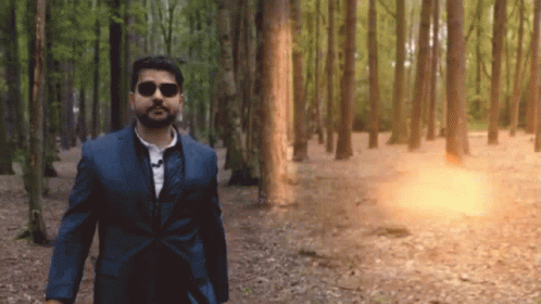 A Man In A Suit And Sunglasses Walks Through The Woods GIF