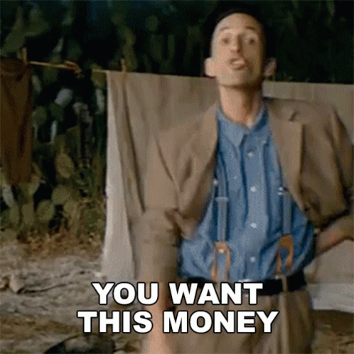 A Man In A Suit And Suspenders Is Dancing And Saying You Want This Money GIF