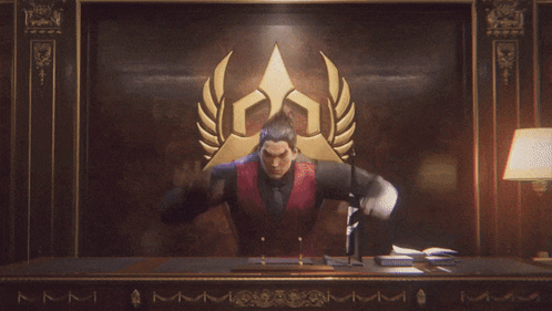 A Man In A Suit And Tie Has A Badge On His Chest That Says ' Samurai ' GIF
