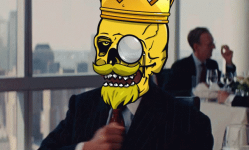 A Man In A Suit And Tie Has A Cartoon Skull With A Crown On His Head GIF