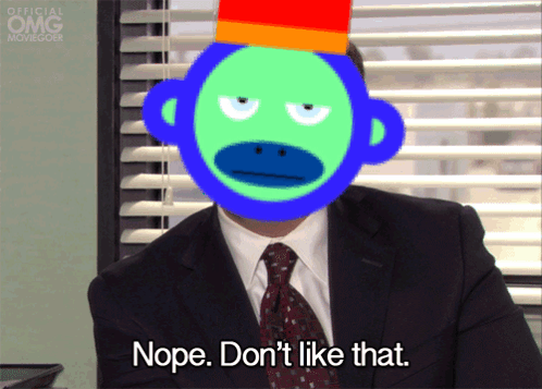 A Man In A Suit And Tie Has A Green Monkey On His Head And Says Nope Don 'T Like That GIF