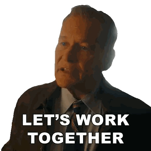 a man in a suit and tie has the words let 's work together written on his face