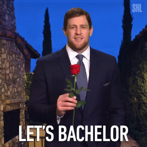 A Man In A Suit And Tie Holding A Rose With The Words Let 'S Bachelor Written Below Him GIF