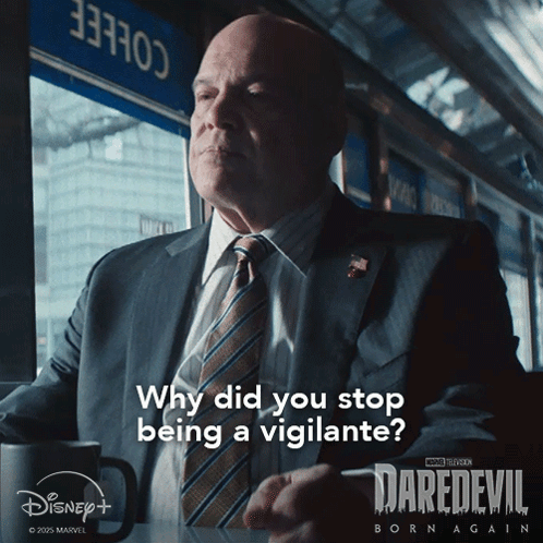 A Man In A Suit And Tie Is Asking Why Did You Stop Being Vigilante GIF
